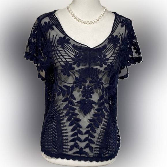 Express Tops - Express sheer unlined floral top in navy blue.
